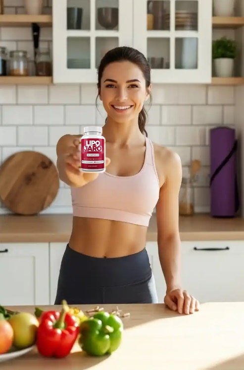 Bottle of LipoJaro dietary supplement held in a kitchen setting